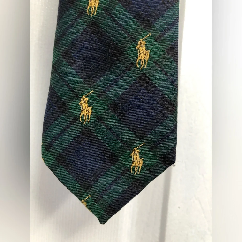 Polo Ralph Lauren Necktie Boys Tie Green Blue Plaid Pony Silk Made Italy Preppy